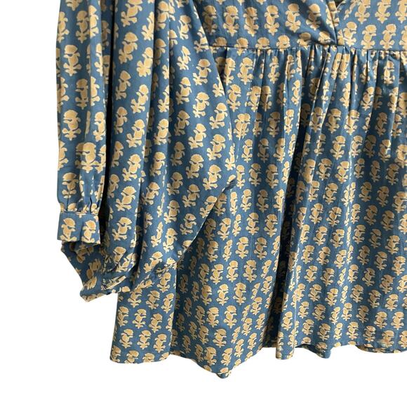Sohana Collar Top Blue Tan Print Puff Sleeves Womens Size Medium - Picture 3 of 7